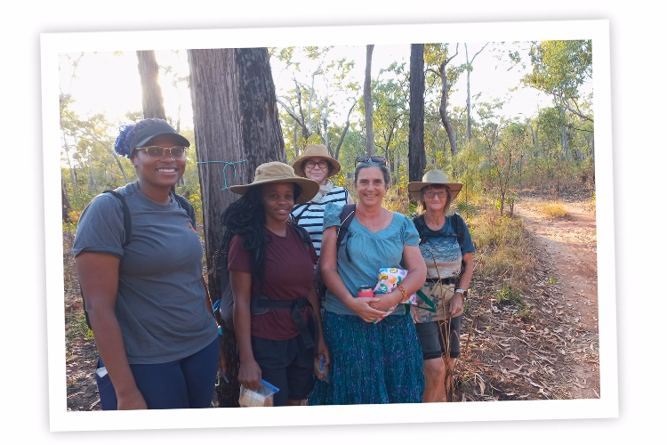 A team of walkers on trail